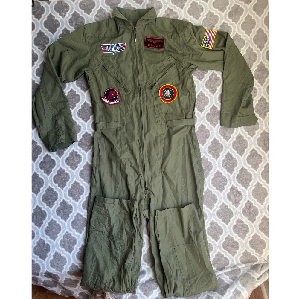 Top Gun Flight Suit Costume Men Medium Green Goose Pilot Jumpsuit Patches